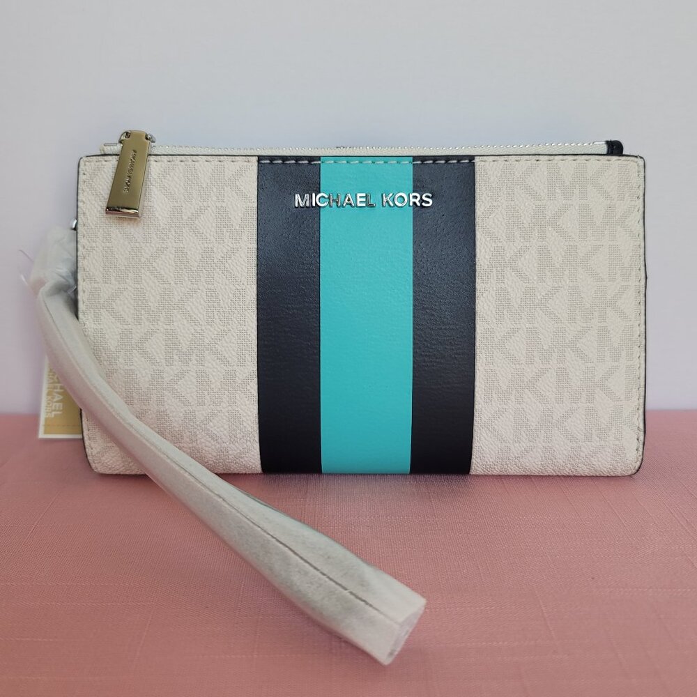 MICHAEL KORS Jet Set Double Zip Signature Phone Wristlet- Ocean Blue Multi 🎈⭐ - Picture 3 of 16
